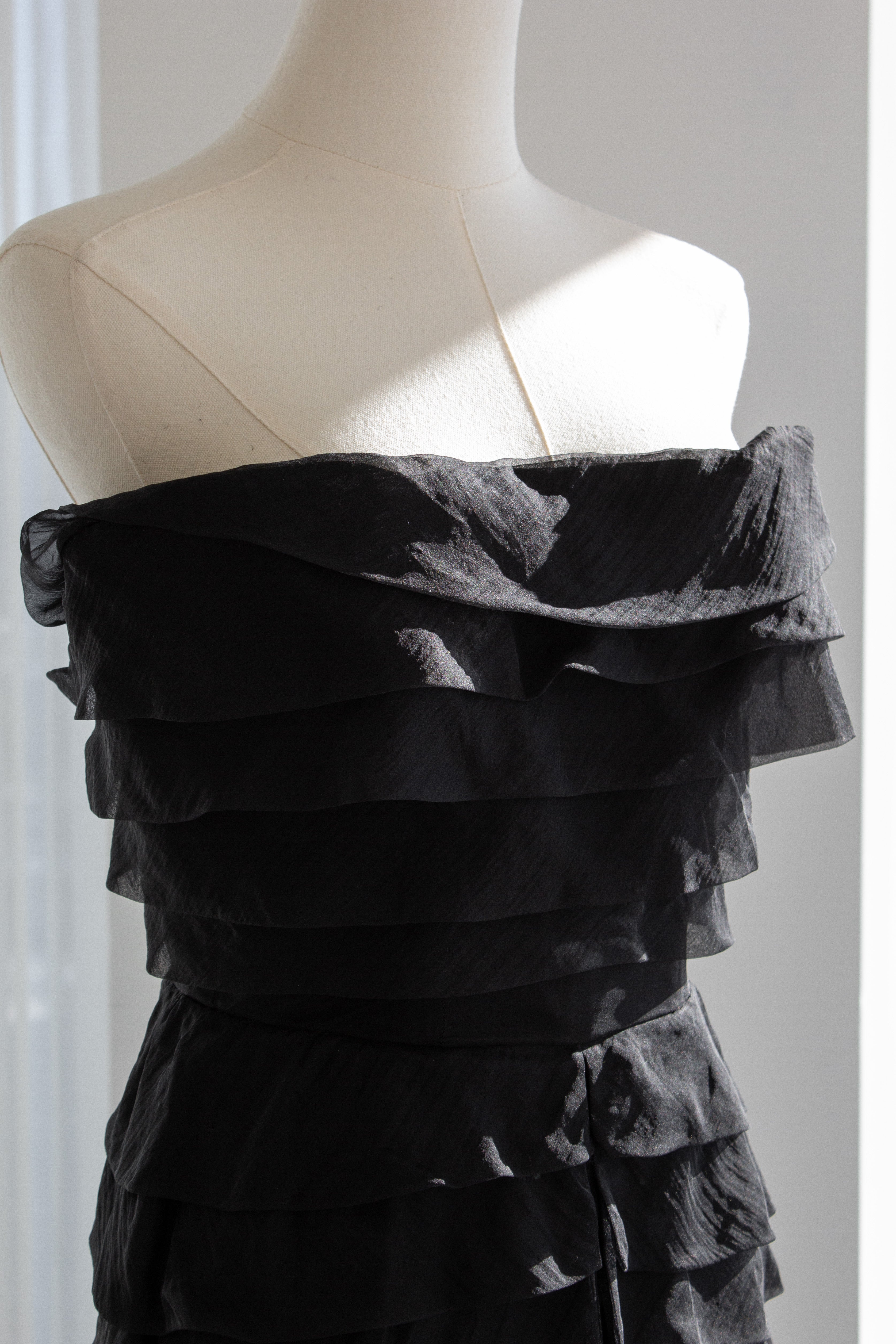 Nina Ricci 1940s Haute Couture Black Tiered Ruffle Strapless Evening Dress
