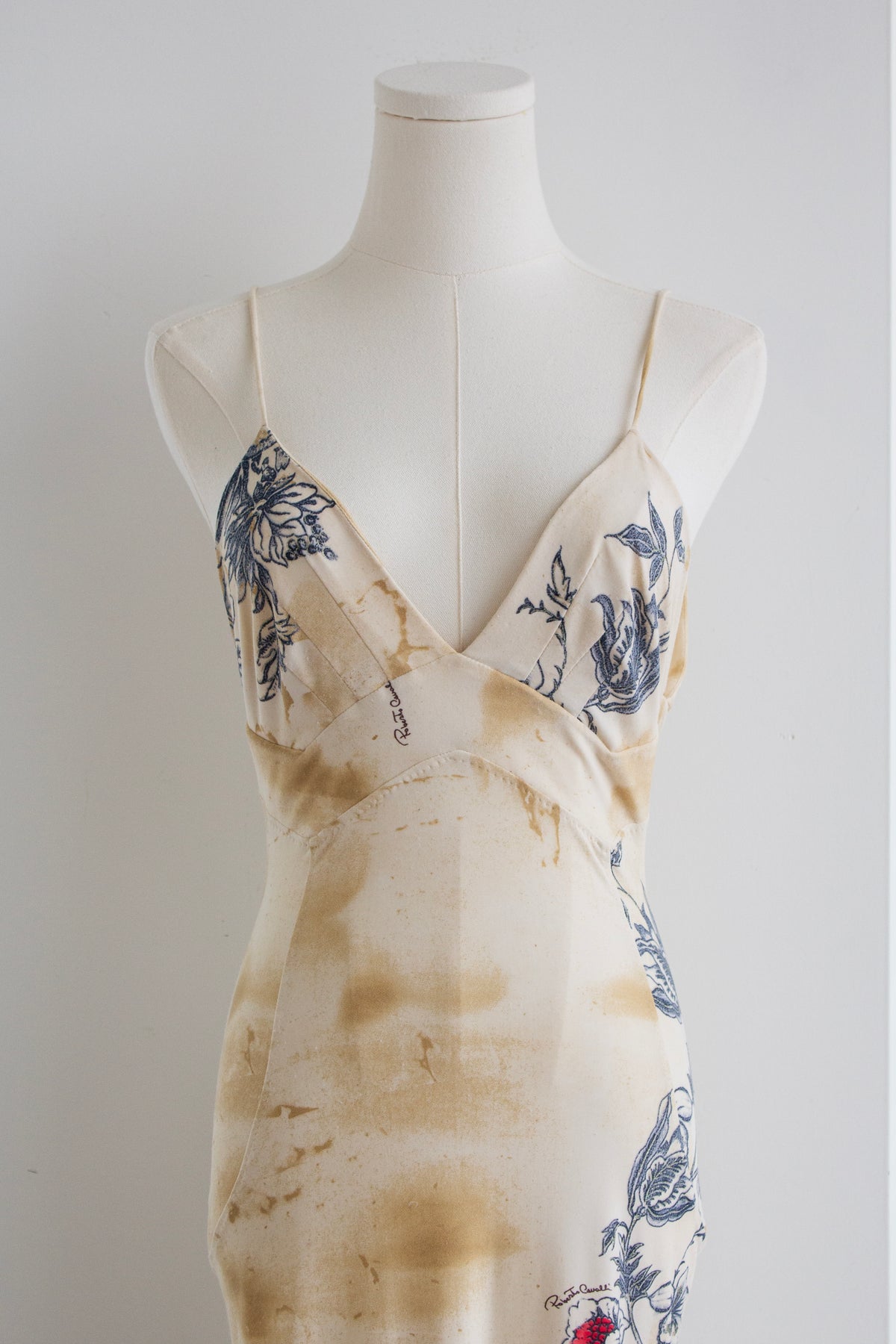 Roberto Cavalli S/S 2003 Vintage Amour and Tattoo Print Maxi Beige Dress