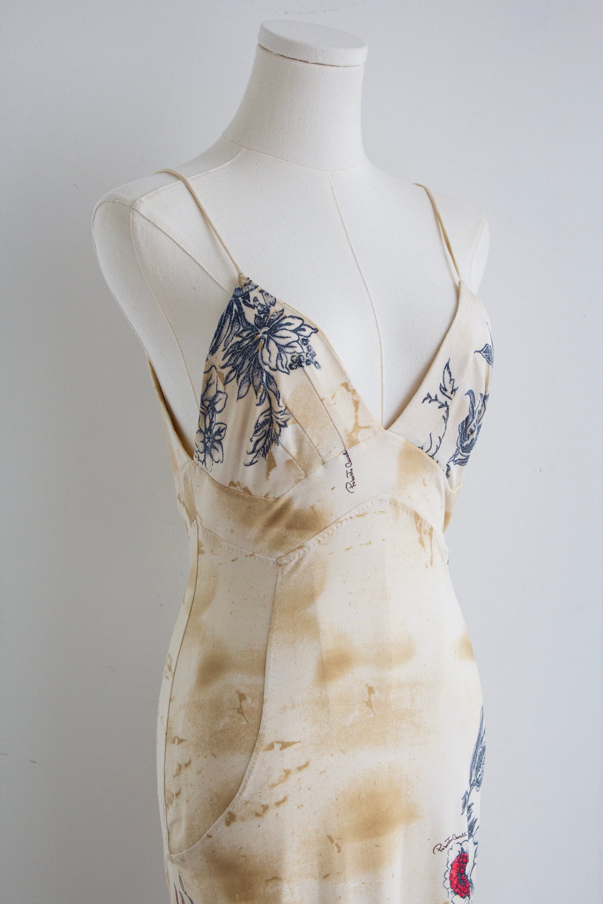 Roberto Cavalli S/S 2003 Vintage Amour and Tattoo Print Maxi Beige Dress