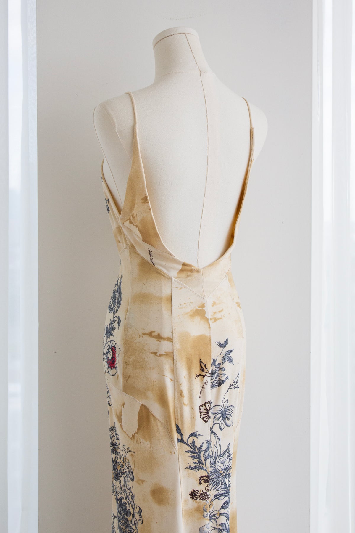 Roberto Cavalli S/S 2003 Vintage Amour and Tattoo Print Maxi Beige Dress