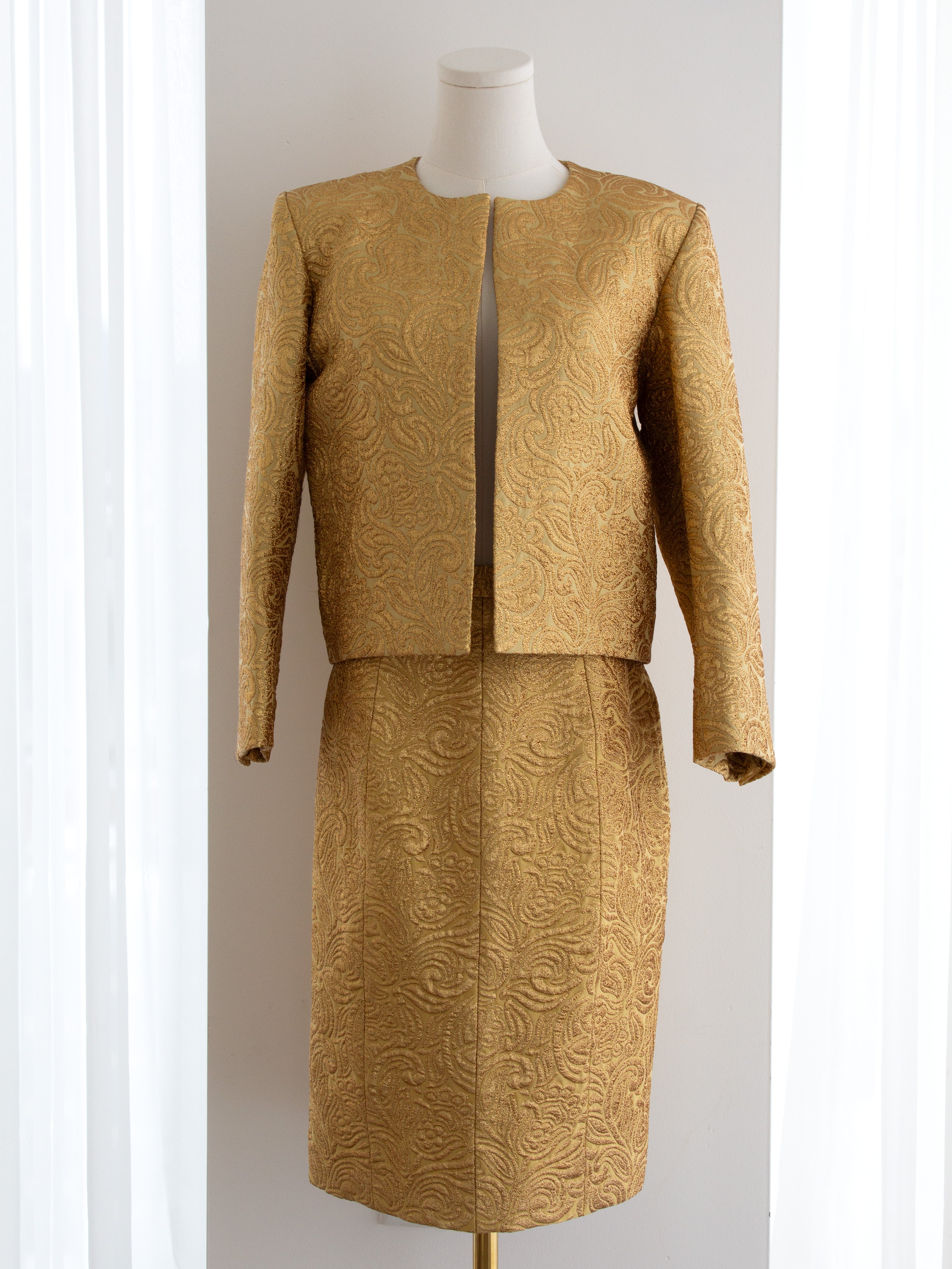 Yves Saint Laurent Rive Gauche Vintage F/W 1991 Gold Brocade Jacket Skirt Suit