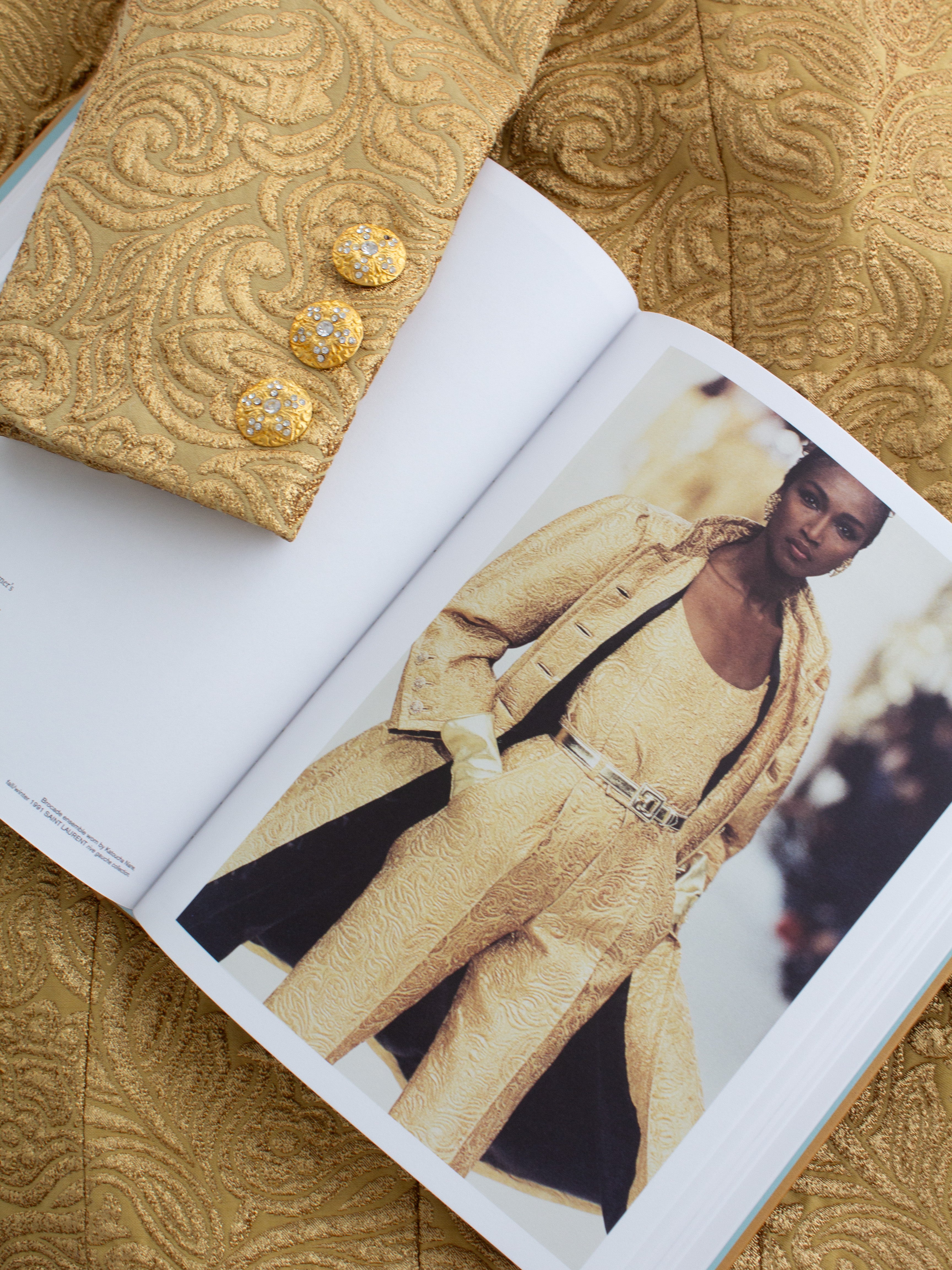 Yves Saint Laurent Rive Gauche Vintage F/W 1991 Gold Brocade Jacket Skirt Suit