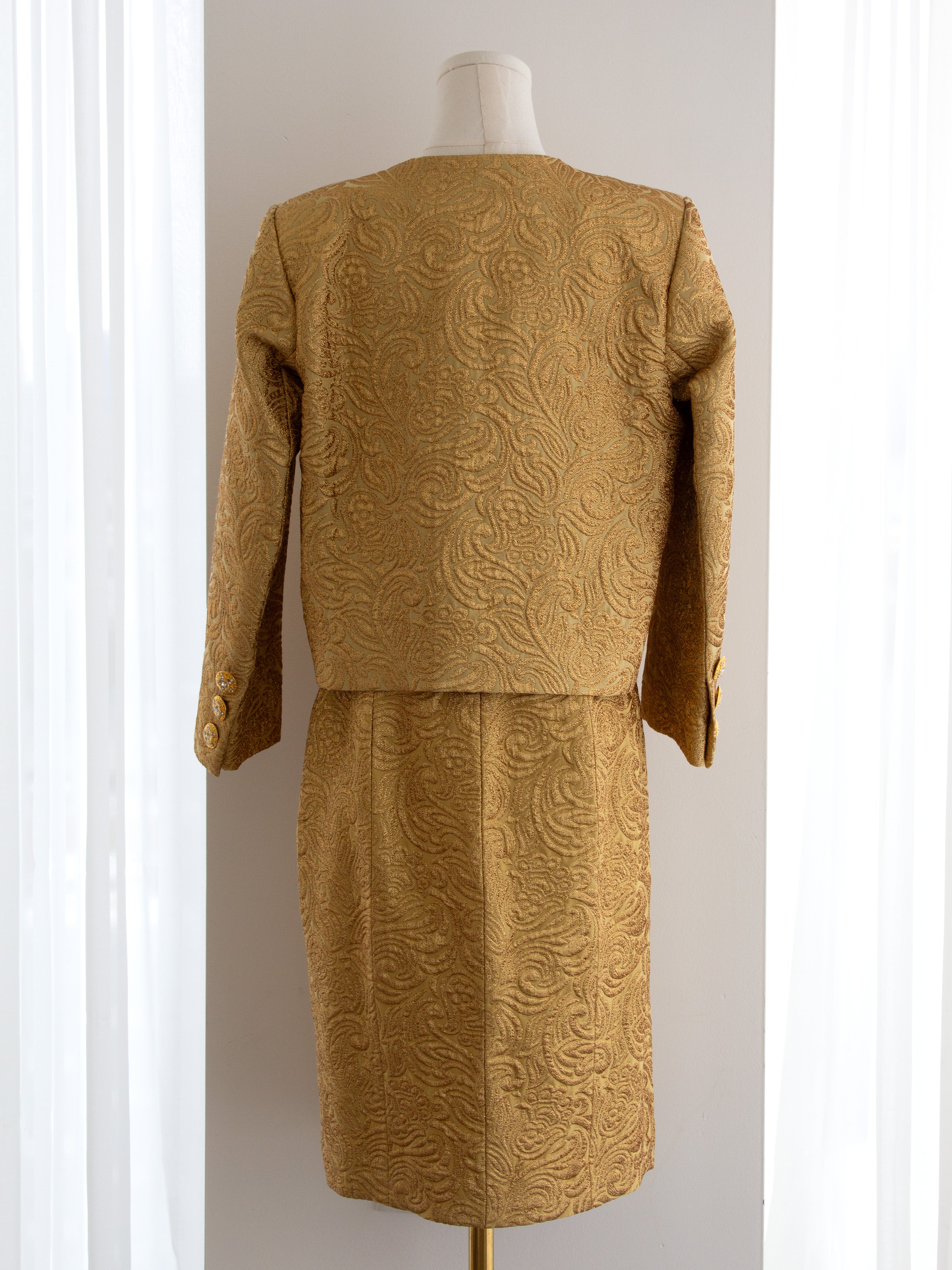 Yves Saint Laurent Rive Gauche Vintage F/W 1991 Gold Brocade Jacket Skirt Suit