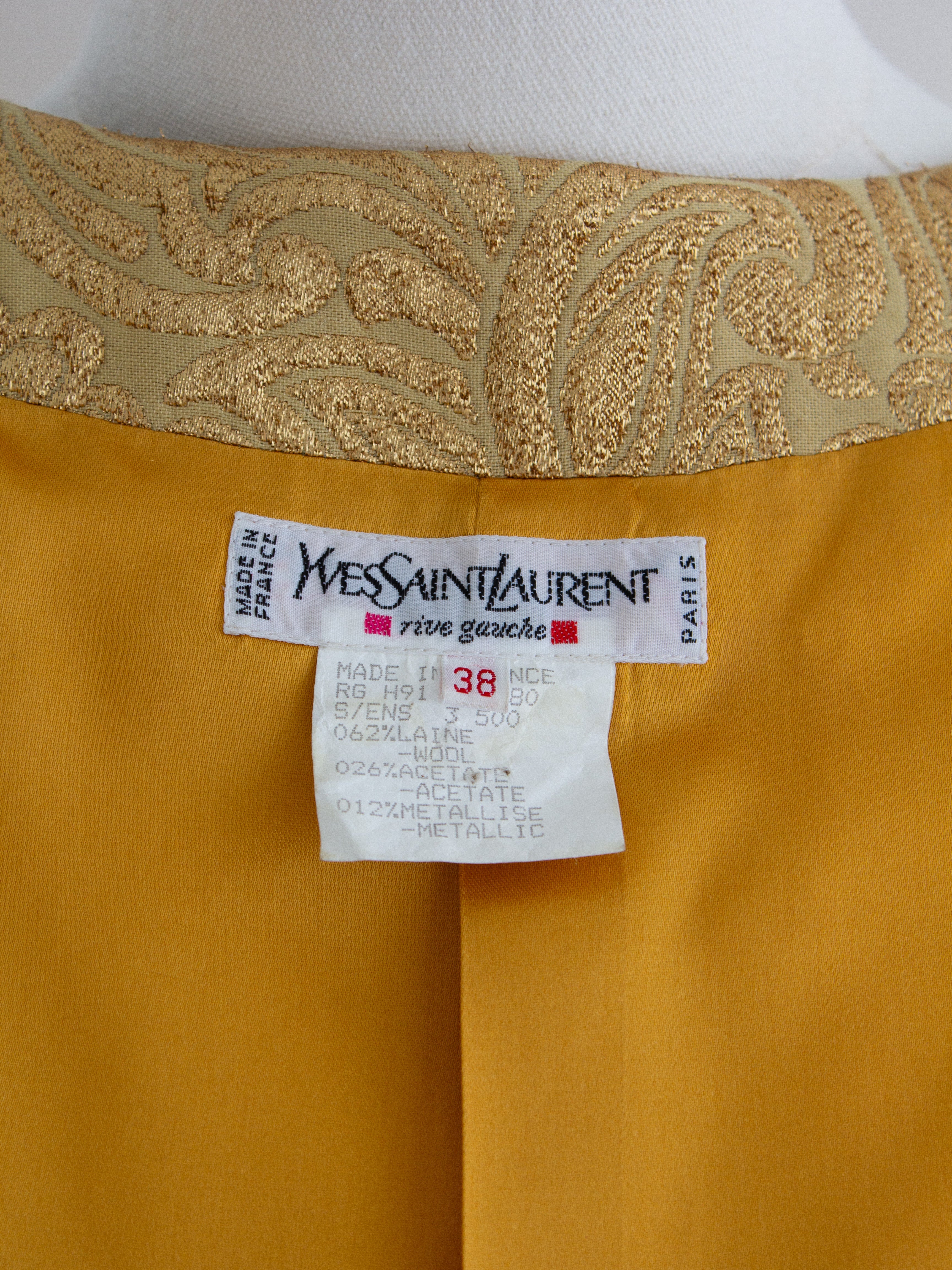 Yves Saint Laurent Rive Gauche Vintage F/W 1991 Gold Brocade Jacket Skirt Suit