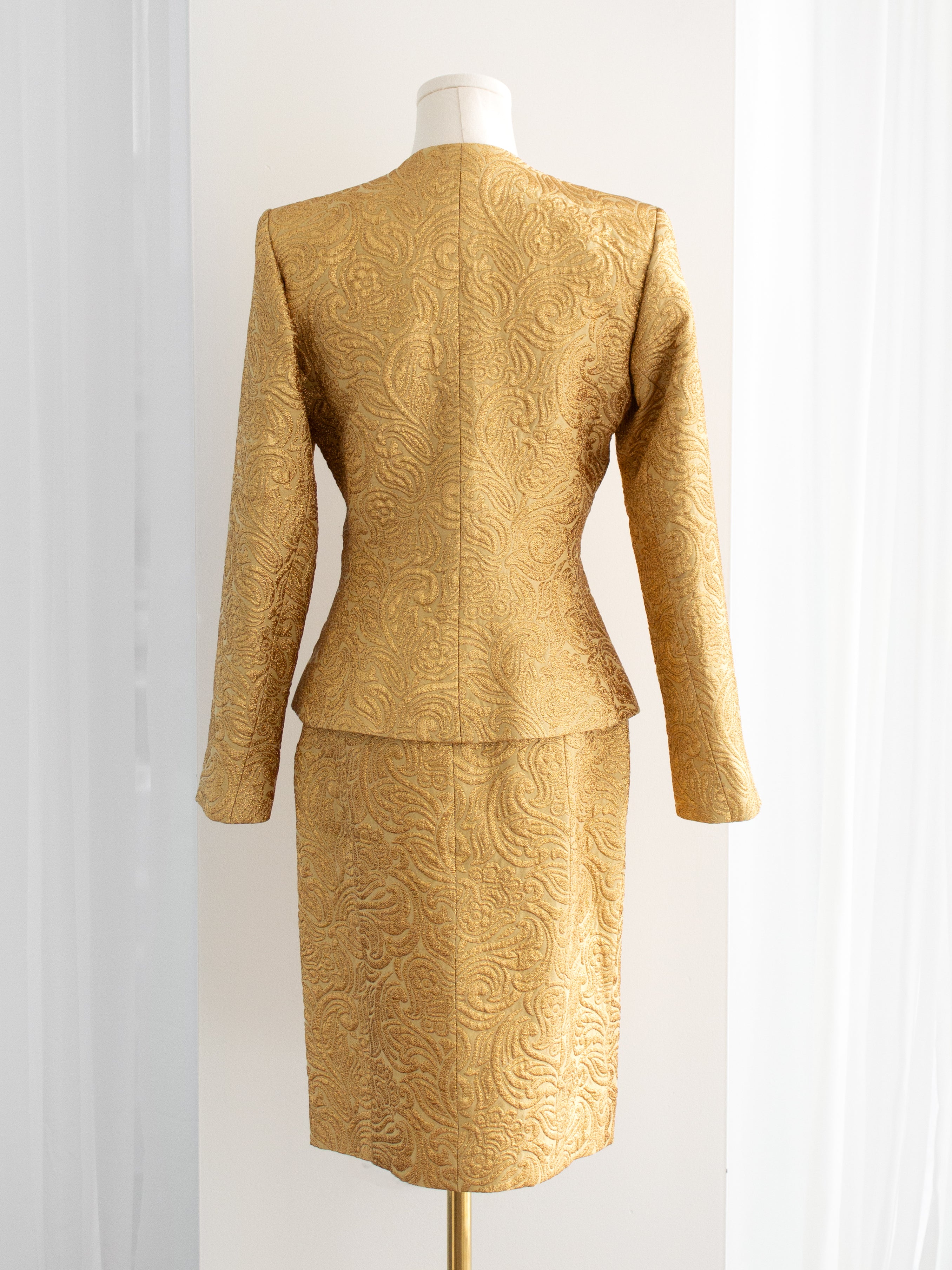 Yves Saint Laurent Rive Gauche Vintage Fall 1991 Gold Brocade Jacket Skirt Suit