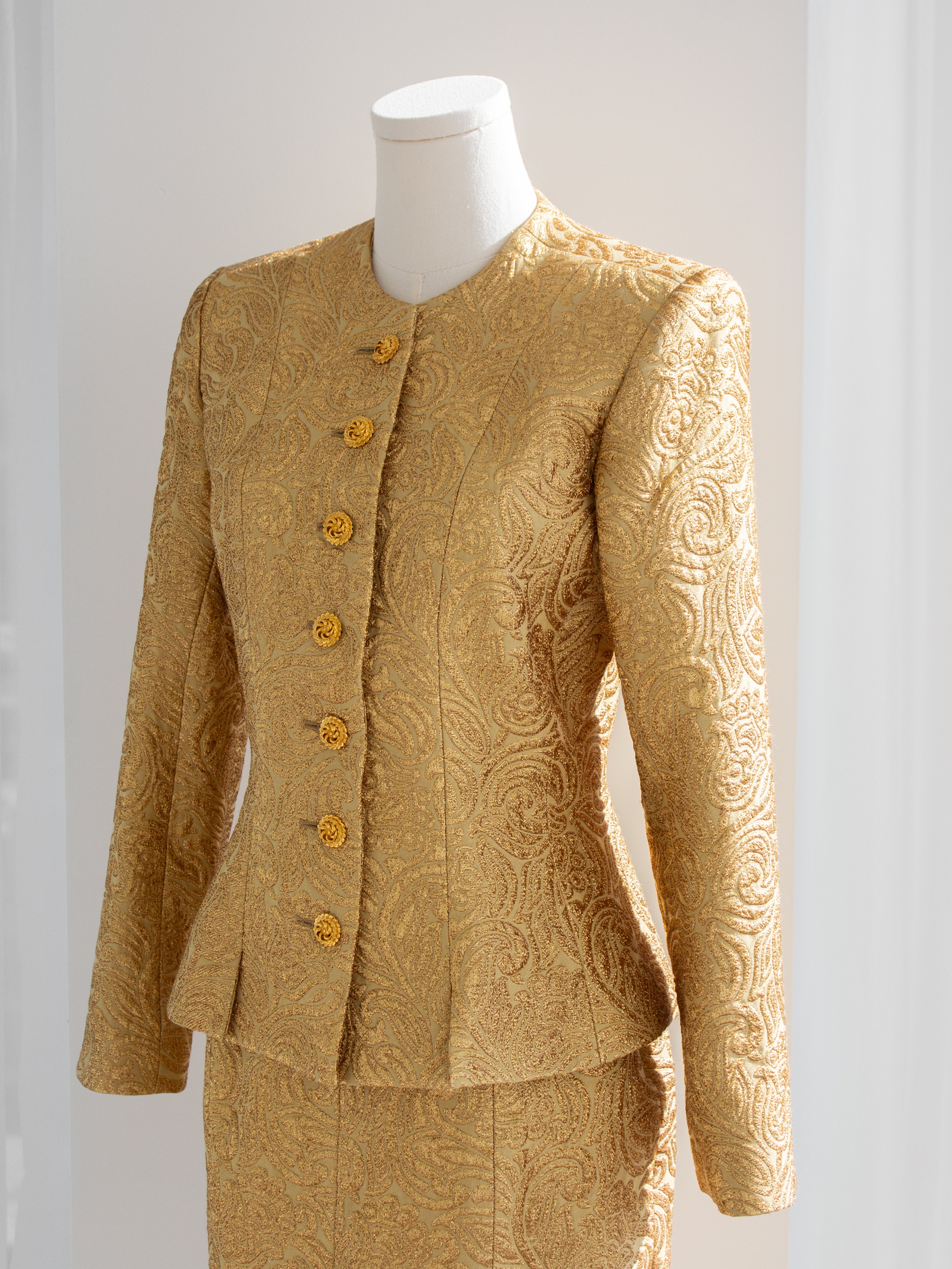 Yves Saint Laurent Rive Gauche Vintage Fall 1991 Gold Brocade Jacket Skirt Suit