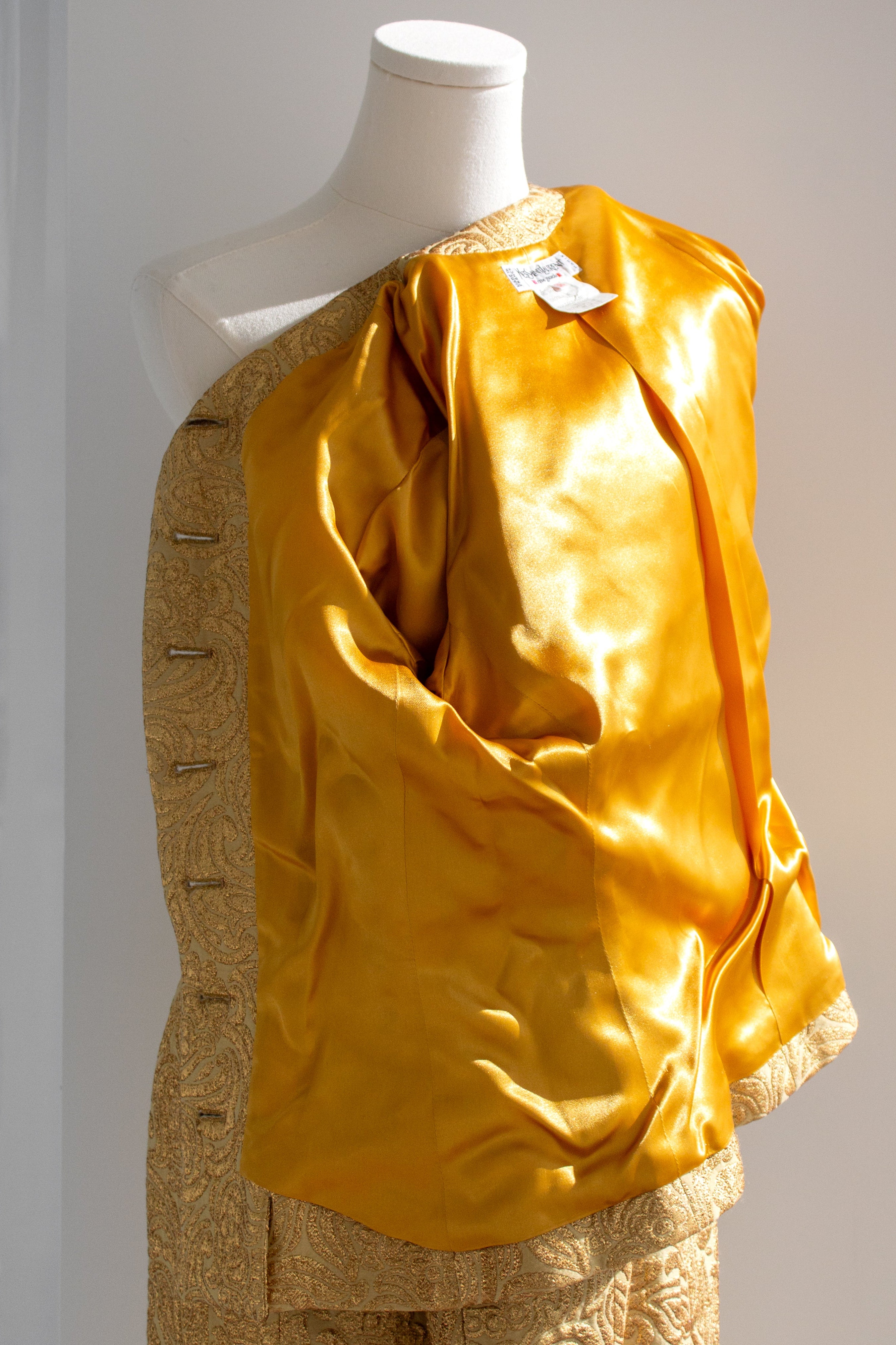 Yves Saint Laurent Rive Gauche Vintage Fall 1991 Gold Brocade Jacket Skirt Suit