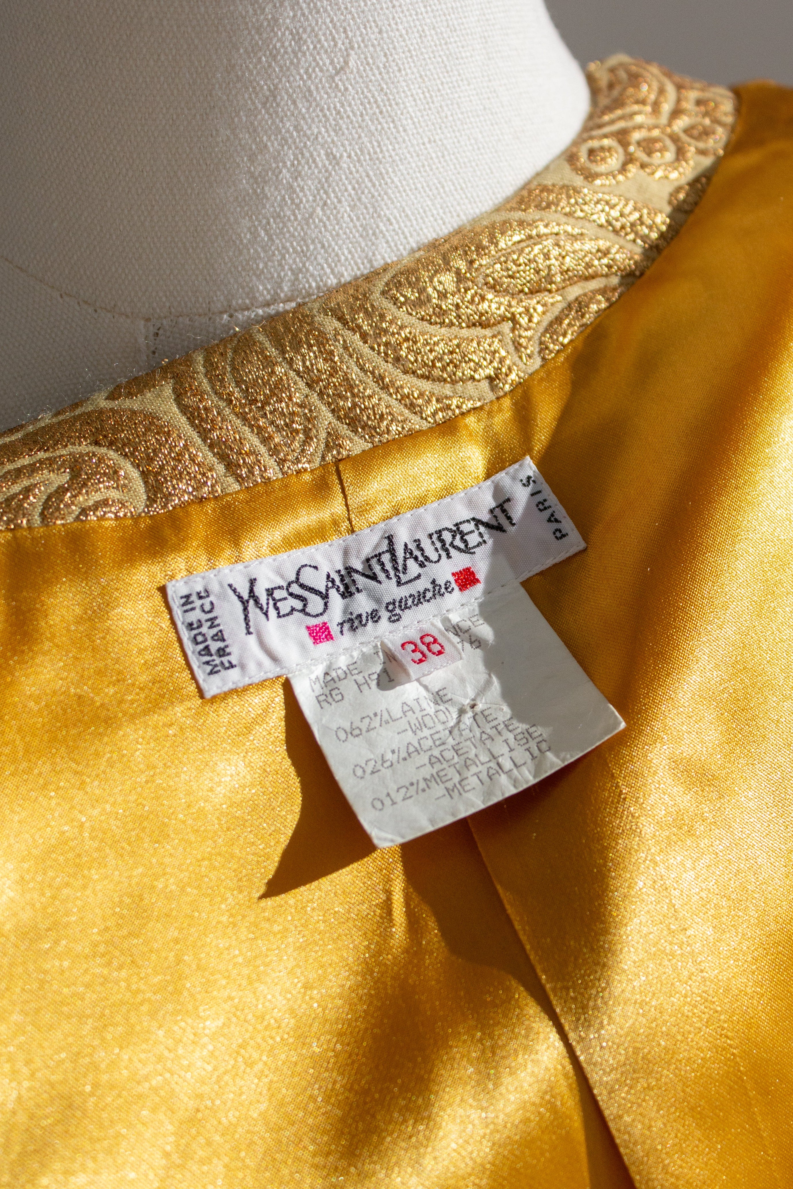 Yves Saint Laurent Rive Gauche Vintage Fall 1991 Gold Brocade Jacket Skirt Suit